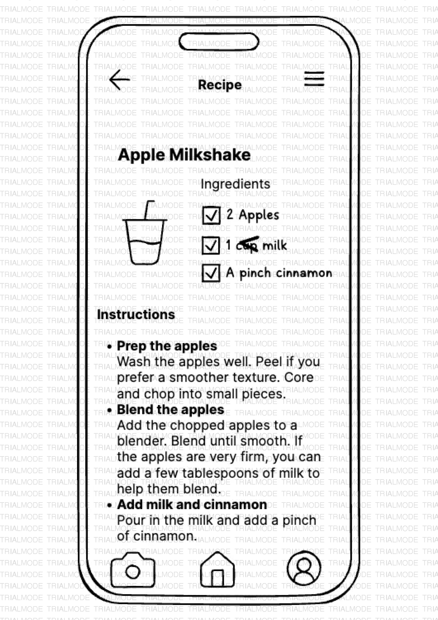 Paper prototype: Recipe detail screen